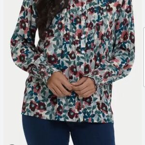 NYDJ Pleated Peasant Blouse Floral Pintuck Smocked Cuffs - Medium